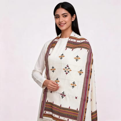 White Woolen Geometric Embroidered Shawl For Women