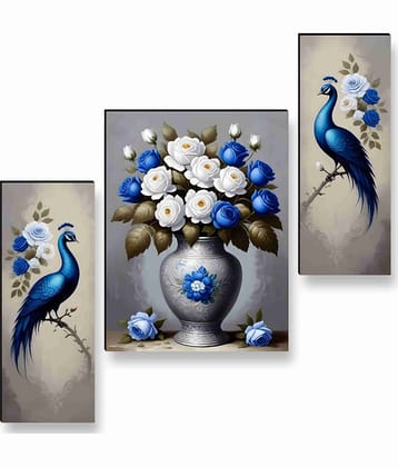 SAF Peacock with Blue & White Rose Wall Art – 3 Panel Royal Bird & Floral Vase Painting for Luxurious Living Room Décor 12 Inch x 20 Inch