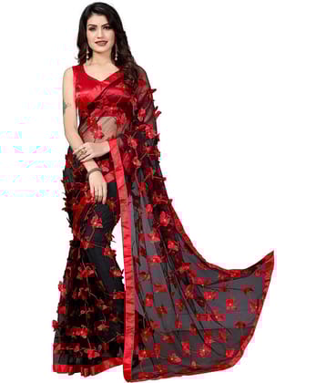 Apnisha Net Applique Saree With Unstitched Blouse Piece ( Black )