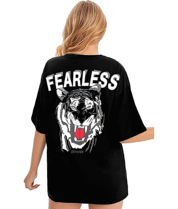 Leotude Women Cotton Blend Printed Oversized Fit Round Neck T-Shirt ( Black )