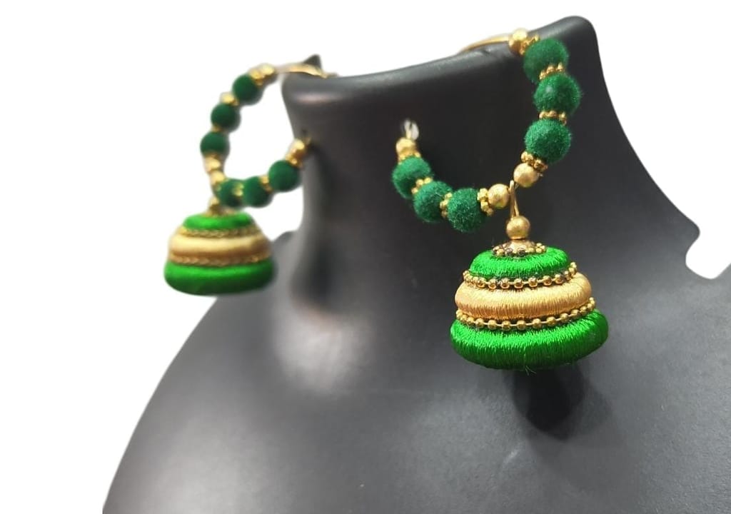 Green Silk Thread Jhumka Earrings with Golden Beads