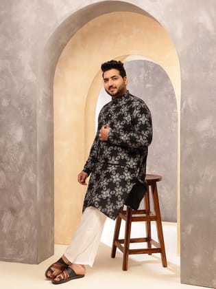 Men's Printed Cotton Linen Black Kurta With White Pyjama-46