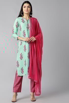 Sea Green Polyester Ethnic Motifs Straight Suit Set PKSKD1083
