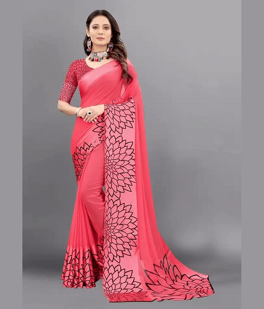 sanwariya Georgette Printed Saree With Unstitched Blouse Piece ( Peach )