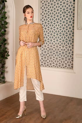 Gold buti print assymetric kurta with straight pants-2XL