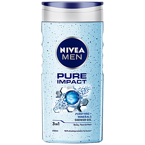 Nivea Men Pure Impact Shower Gel - With Micro Particles, Purifying, Freshness, For Body, Face & Hair, 250 ml
