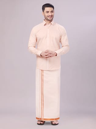 Mens Tissue Stripes Copper Shirt with Plain Jari Border Dhoti Wedding Combo Carter-36 / F/S / Copper