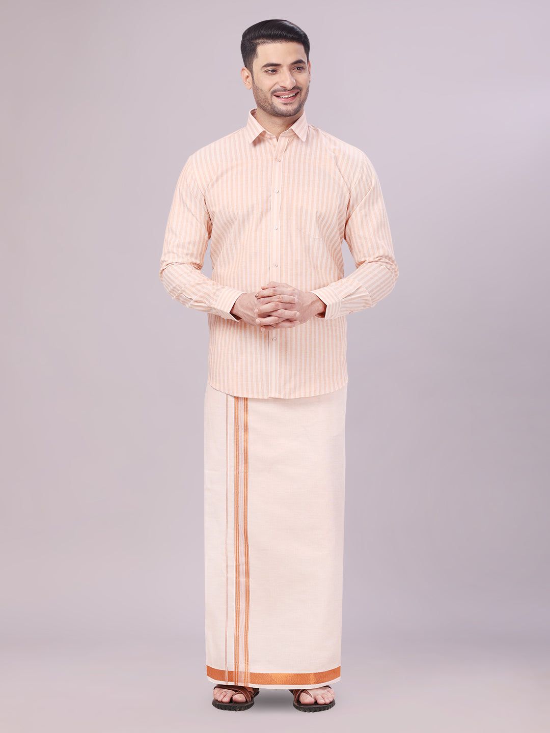 Mens Tissue Stripes Copper Shirt with Plain Jari Border Dhoti Wedding Combo Carter-36 / F/S / Copper