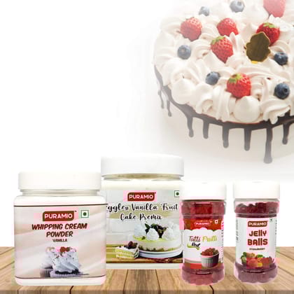 Puramio Vanilla Fruit Cake Making Kit - Fruit Cake Premix (Vanilla), 350 gm + Whipping Cream (Vanilla), 250 gm + Jelly Balls (Strawberry), 150 gm + Tutti Frutti (Red), 125 gm (Pack of 4)