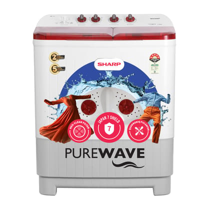 SHARP 9.0 kg, 5 star, Semi-Automatic Top Loading Washing Machine with HydroBlast Wash, Quadroniq Pulsator, 1300 RPM (ES-SD90NB-PR, Ruby Red, Pure Wave)
