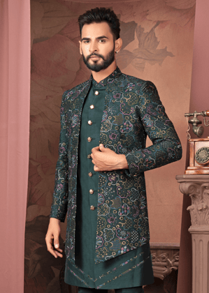 Teal Green Self Embroidered Open Indowestern Set