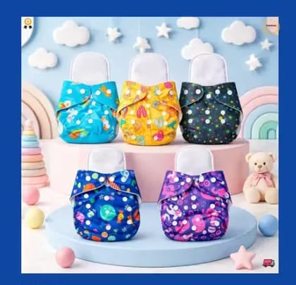 Printed Washable Baby Cloth Diaper Pack of 5 Soft Reusable Adjustable Nappy Combo Set