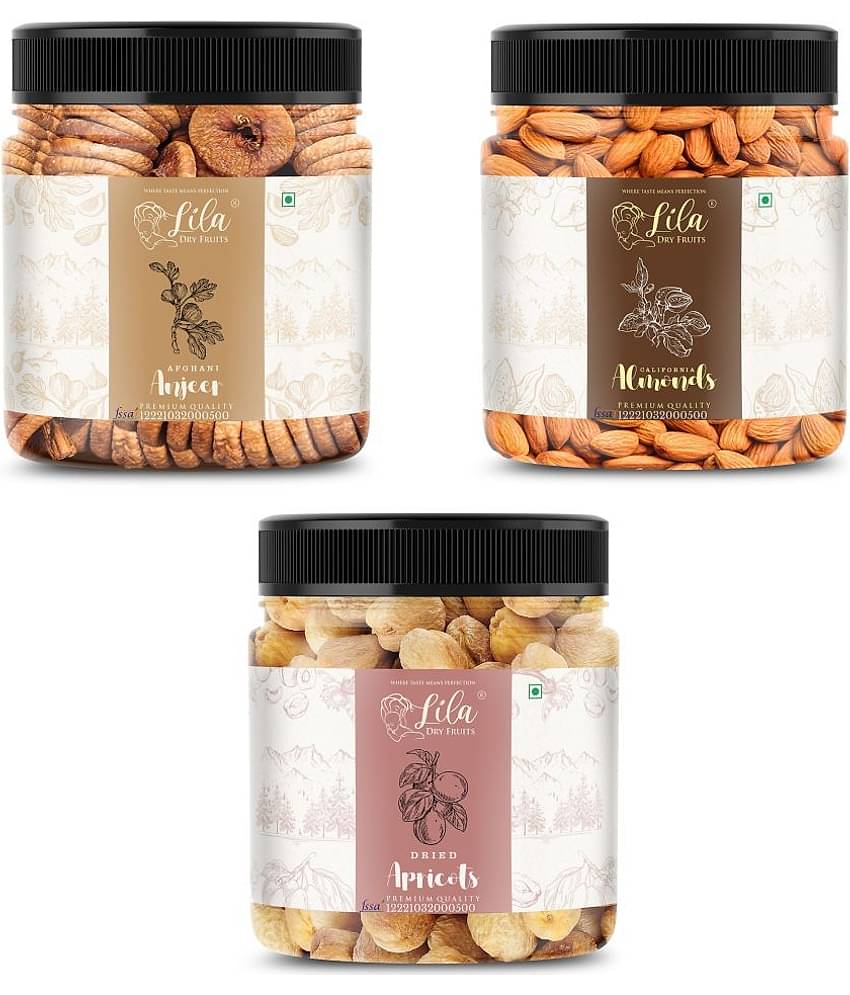 Lila Dry Fruits Figs (250gm), Almond(250gm) & Apricot(250gm) Combo | Kaju Badam Khubani Combo