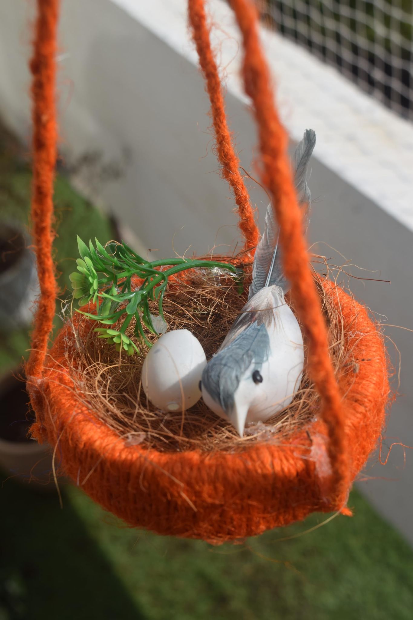 Decorative White Bird in Orange Coconut Fiber Nest, Natural Garden Ornament, Indoor Outdoor Display