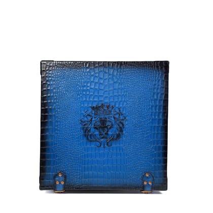 Deep Cut Croco Leather Shoe Case in Blue with Golden Detailing-FS