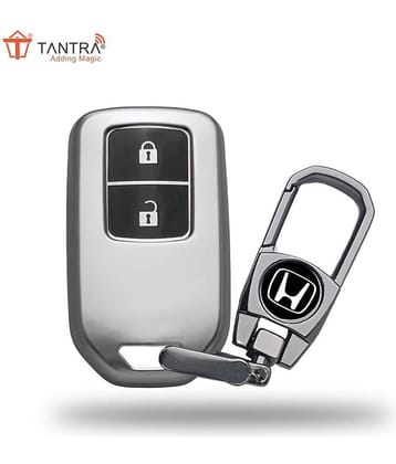 TANTRA TPU Key Cover and Metal Keychain Compatible for Honda BRV | WRV | CRV | Jazz | City 2 Button Smart Key (Grey)