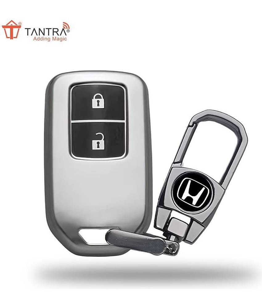 TANTRA TPU Key Cover and Metal Keychain Compatible for Honda BRV | WRV | CRV | Jazz | City 2 Button Smart Key (Grey)