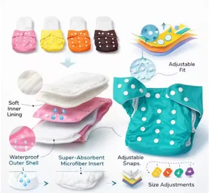 Pack of 6 with 6 Insert Snap Button Cloth Diapers