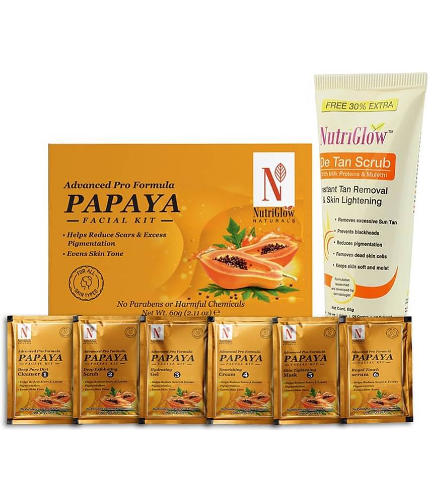 Nutriglow Advance Pro Formula Papaya Facial Kit 60gm and De tan Scrub 65gm For All Skin Type (Pack of 2)