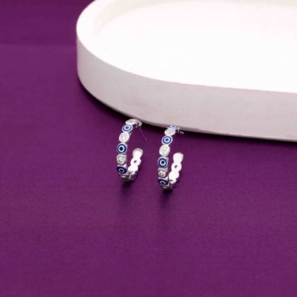 Evil Eye Sparkle Silver Hoop Earrings-White Stone / Silver