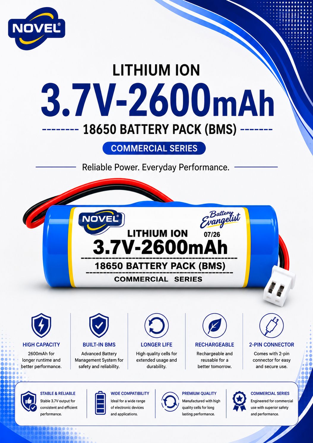 NOVEL 3.7V BMS 18650 LITHIUM ION SINGLE BATTERY WITH JST 2PIN- 2600mAh