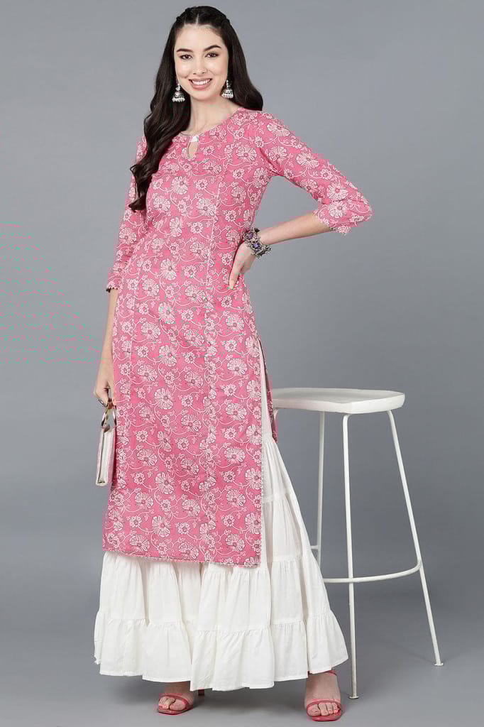 New Women Pink Cotton Blend Straight Kurta VCK8603 2026 at ShopCircuit | ONDC