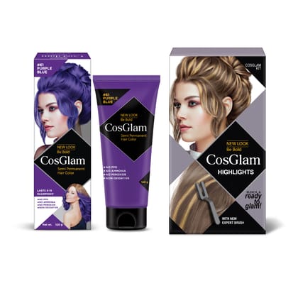 COSGLAM Semi Permanent Hair Color Purple Blue 120g and Hair Highlighter Kit 115g, Highlights Hair Dye