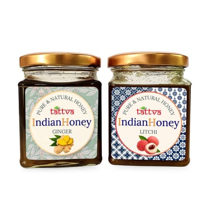 IndianHoney Buttery & Cognitive-Boosting Litchi Honey & Warming & Anti-Inflammatory Ginger Infused Honey Combo Pack (230gm & 230gm)
