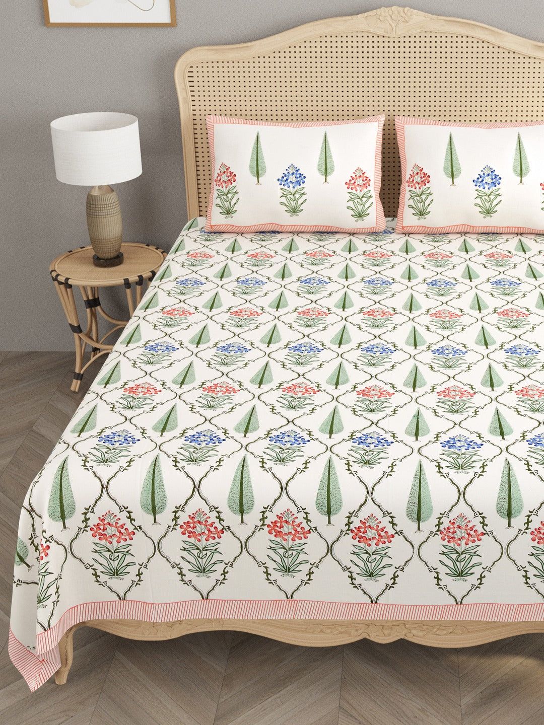 Handblock Printed Double King Bedsheet with 2 Pillow Covers-Hand Block / Double King (90X108 Inches) / Regular