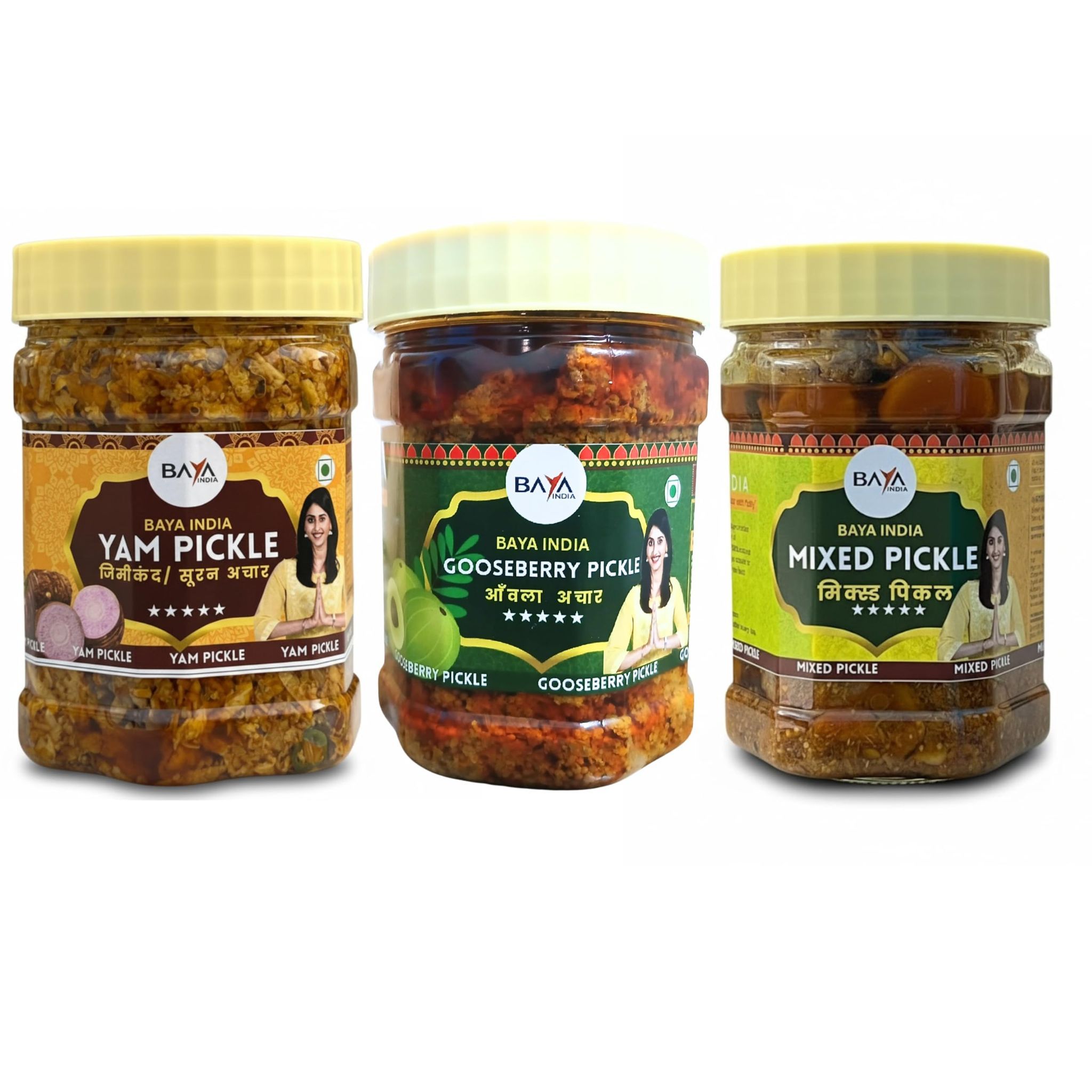 Baya India Premium Pickle Combo Pack, Gooseberry, Mixed and Yam Varieties, Vegan, No Artificial Colors, 350g Each, 3 Pack