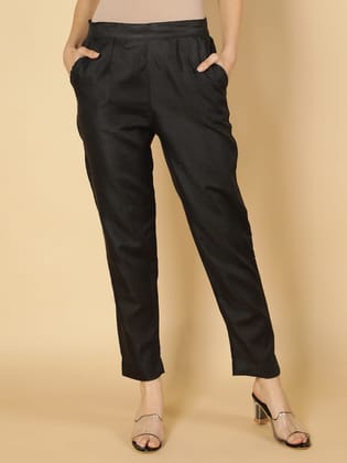 Women Solid Plain Cotton Trouser Pant (Black)