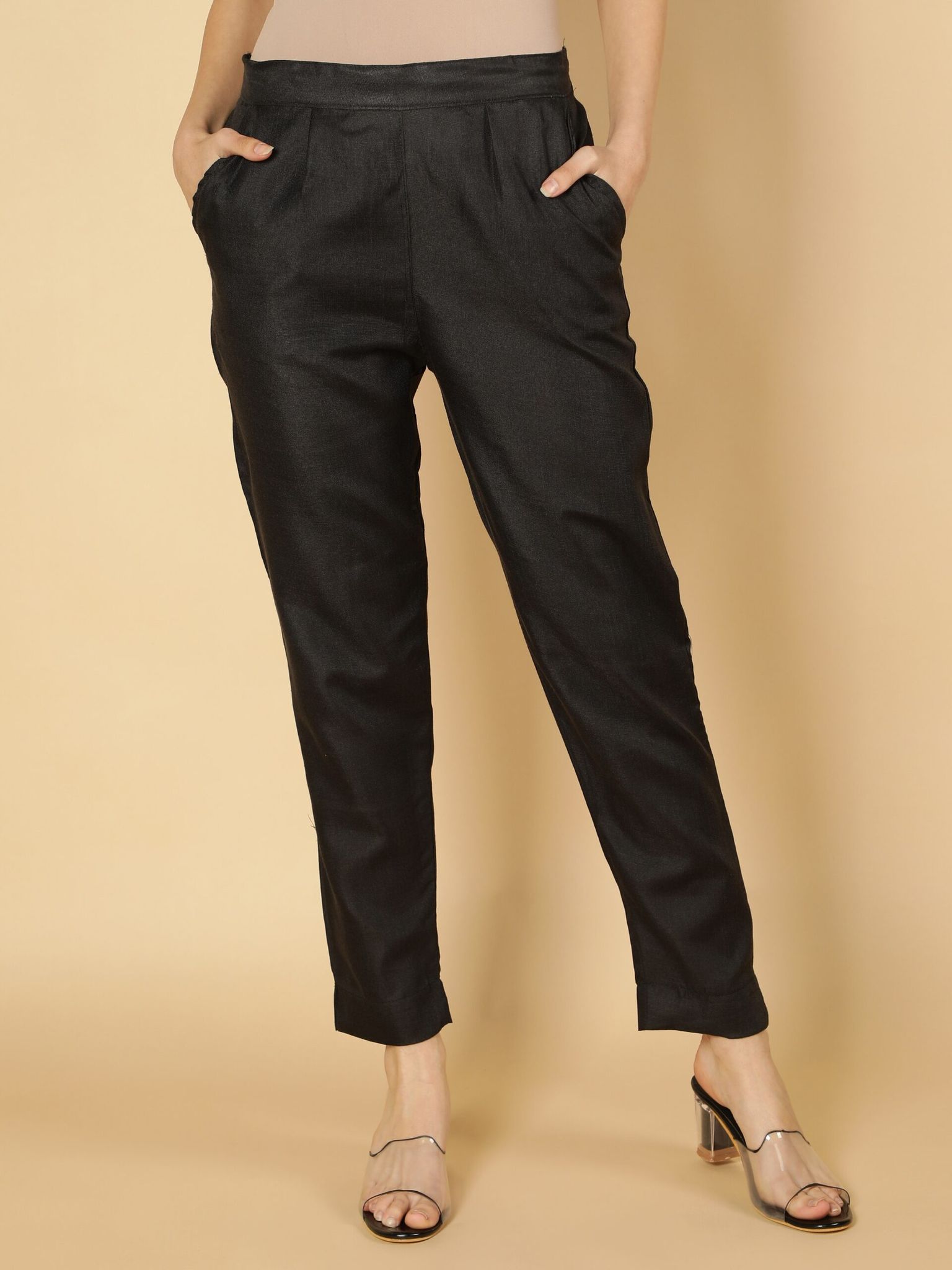 Women Solid Plain Cotton Trouser Pant (Black)