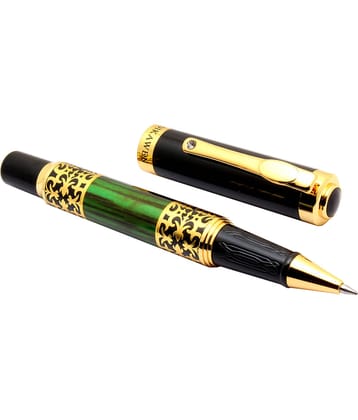 Srpc Dikawen Royal Forest Green Wood Textured Metal Body Golden Trims Blue Ink Refill Roller Ball Pen