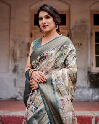 Graceful Teal Banarasi Silk Saree with Digital Vintage Prints and Zari Weaving-Regular