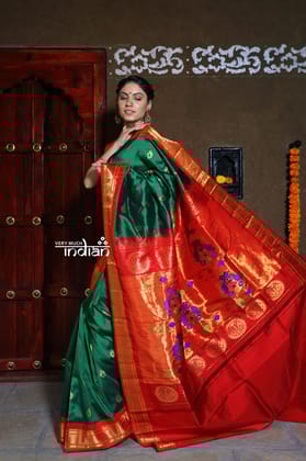 Exclusive Rajsi~ Pure Silk Handloom - Maharani Paithani in Rich Forest Green with Rich Red Border (Available in Floral Buttis)