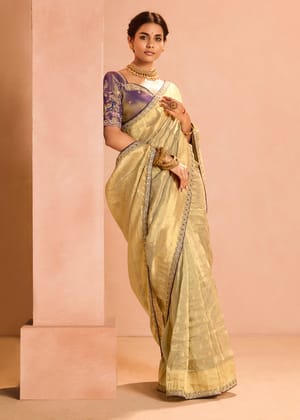 Dusky Cream Woven Banarasi Designer Tissue Silk Saree With Embroidered Blouse
