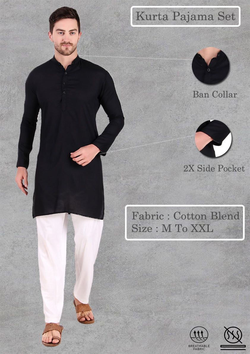 Preen Solid Black Ban Collar Kurta Pajama Set-M