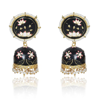 Meenakari Traditional Lotus Engraved Jhumki Earring, Dome Shaped Jhumka Earrings with Pearl Beads for Girls and Women