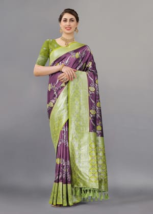 Yavira silk Women's Green Handwoven Silk Blend Saree
