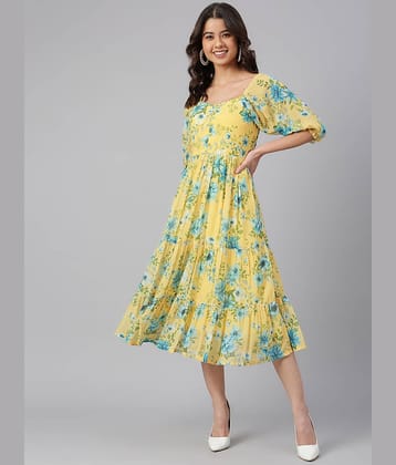 Janasya Women Georgette Printed Fit & Flare Dress ( Yellow )