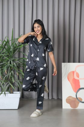 Night Wear Satin Black Color Penguin Printed  Night Suit-s