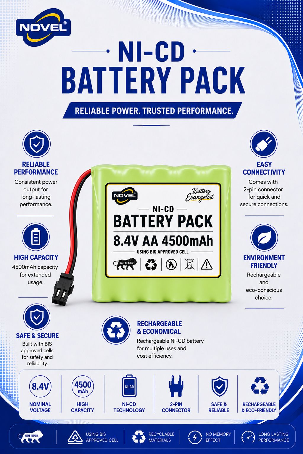 NOVEL 8.4V AA 4500mAh NI-CD Rechargeable Battery SM PIN