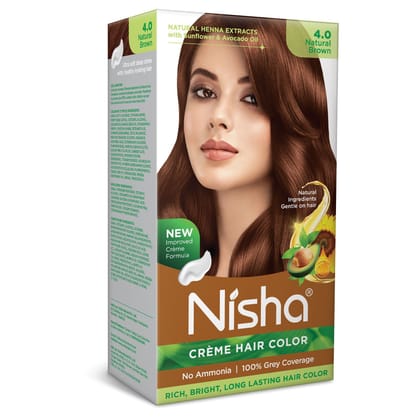 Nisha Creme Hair Color 4.0 Natural Brown 120g, Permanent Hair Color for Women & Men, Ammonia Free Hair Colour