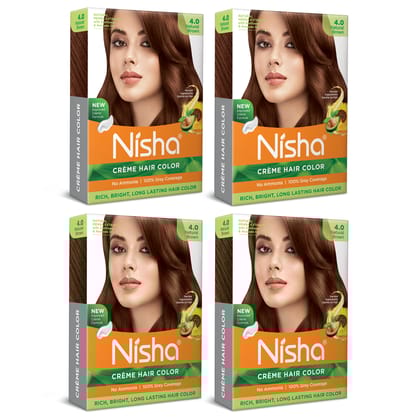 Nisha Creme Hair Color Natural Brown 40gm Pack of 4, Permanent Hair Color for Women Men, No Ammonia, 100% Grey Coverage