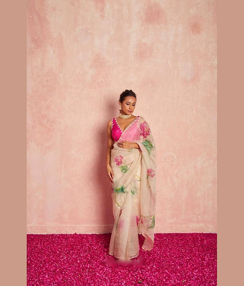 THE PRIVATE LABLE Organza Printed Regular Saree With Unstitched Blouse Piece ( Pink )