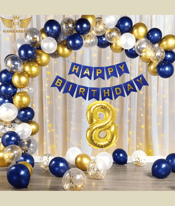 KR 8TH HAPPY BIRTHDAY PARTY DECORATION WITH HAPPY BIRTHDAY FOIL BALLOON 12 BLUE 12 WHITE 12 GOLD BALLOON 1 NET CURTAIN 1 LIGHT 4 CONFETI 1 ARCH 1 GLUE 1 RIBBON 8 NO. GOLD FOIL BALLOON