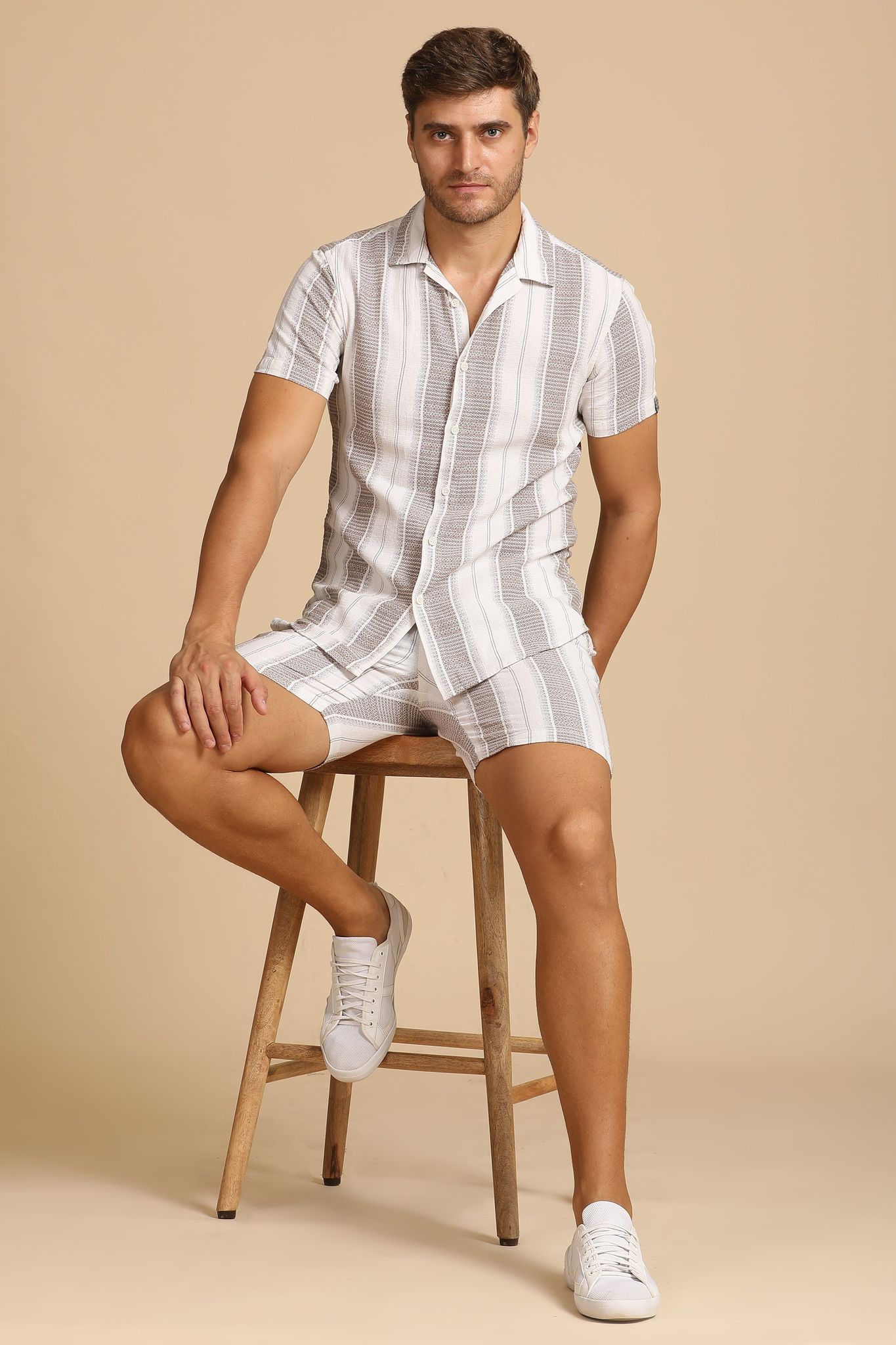 Rayna - Cotton Dobby Striped Co-Ords - Khaki-S-38 / KHAKI