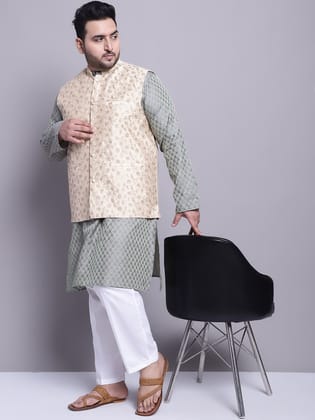 Men's Silk Blend TGreen Kurta & Beige Emb Nehrujacket With White Pyjama-44