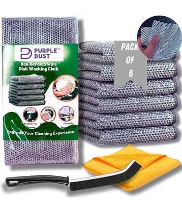 (6 Pack) Non-Scratch Dish Wash Cloth + Plastic Gap Cleaning Brush + Microfiber Cleaning Cloth Combo