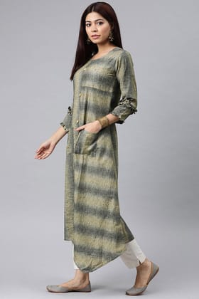 Women Grey And Beige Striped A Line Panelled Kurta with pockets VCK8125 Women Grey And Beige Striped A Line Panelled Kurta with pockets VCK8125